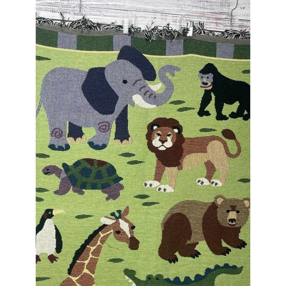 Woven Nursery Baby Blanket Throw Wall Tapestry Zoo Jungle Animals Safari Green